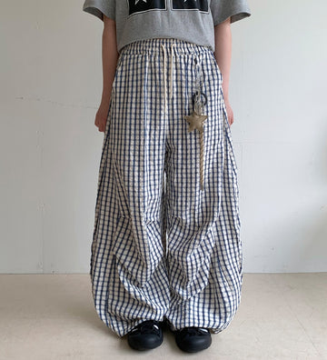 Ahonf Seersucker Check Banding Wide Pants